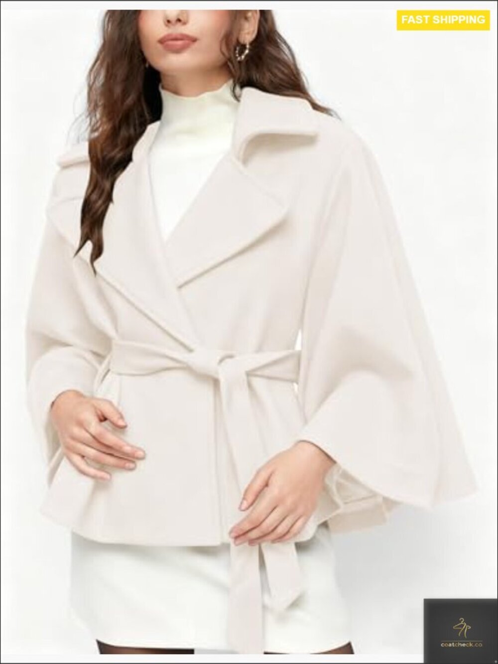 Wool Blend Cape Jacket Oversized Batwing Sleeve Peacoat Belted Chic Winter - Picture 3 of 7